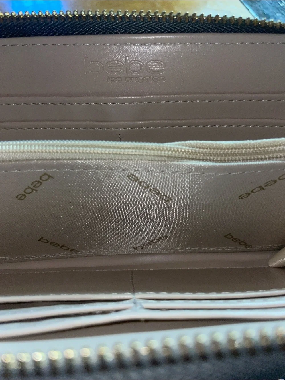 bebe SILVER Quilted Zip Wallet with Gold Accents